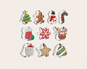 Eine Anordnung von Ausstechformen mit weihnachtlichen Motiven: ein Weihnachtsbaum, ein Lebkuchenmann, ein Schneemann, ein Zuckerstange, ein Weihnachtsstiefel, eine Schneeflocke, ein Rentier, ein Weihnachtsmann, ein Stern und eine Glocke, alle in bunten, festlichen Farben.