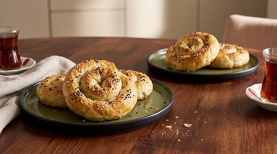 Auf einem Holztisch liegen zwei schwarze Teller mit spiralförmigen, goldbraunen Brötchen, die mit Sesam bestreut sind. Daneben stehen Gläser mit Tee. Im Hintergrund ist ein heller Raum zu sehen.