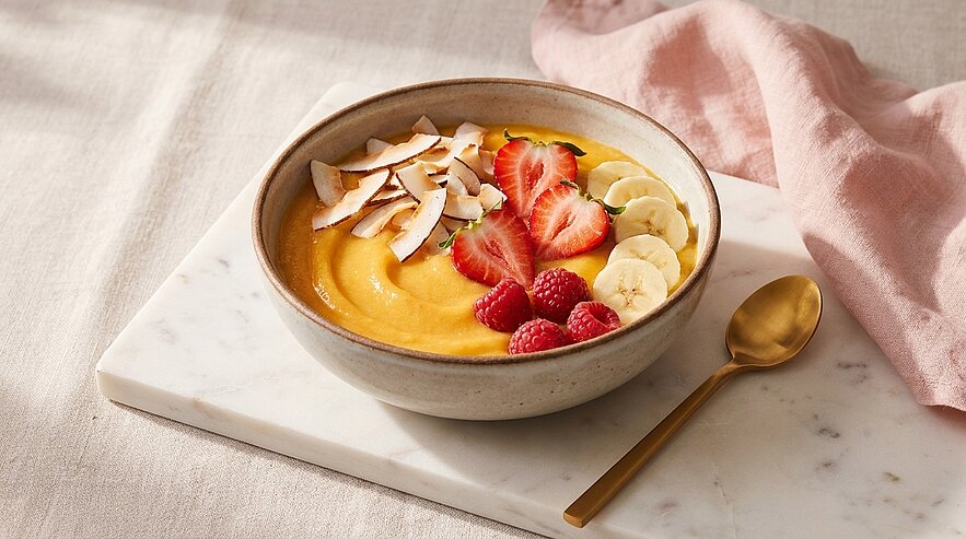 Schale mit cremiger gelber Smoothie‑Bowl, garniert mit aufgeschnittenen Erdbeeren, Bananenscheiben, frischen Himbeeren und Kokoschips.