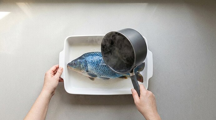 Rohfisch in weißer Auflaufform, aus einem Topf wird dampfende heiße Flüssigkeit über ihn gegossen; zwei Hände halten Form und Topf.