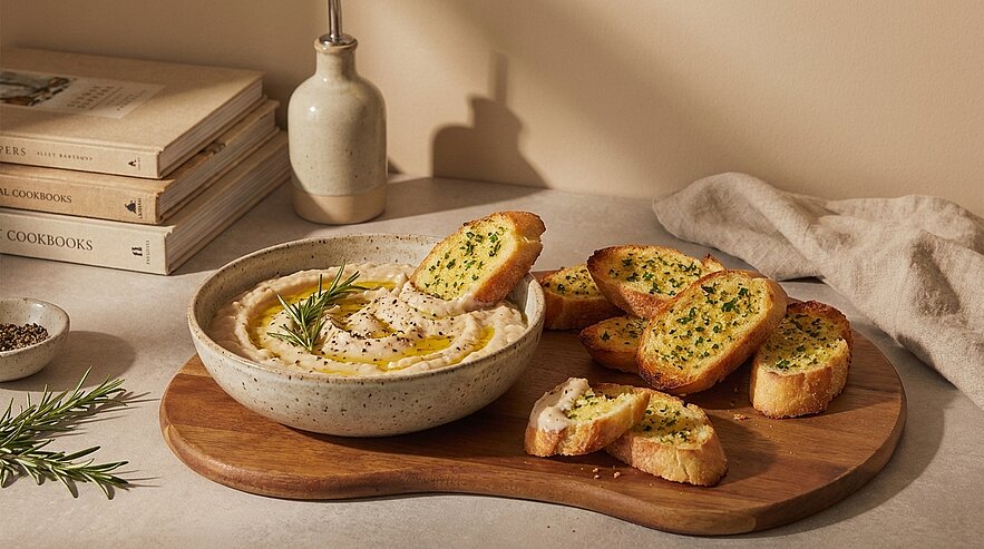 Schale mit cremigem Dip, mit Olivenöl und Rosmarin garniert, dazu mehrere knusprig gebräunte Knoblauch-Crostini auf einem Holzbrett.