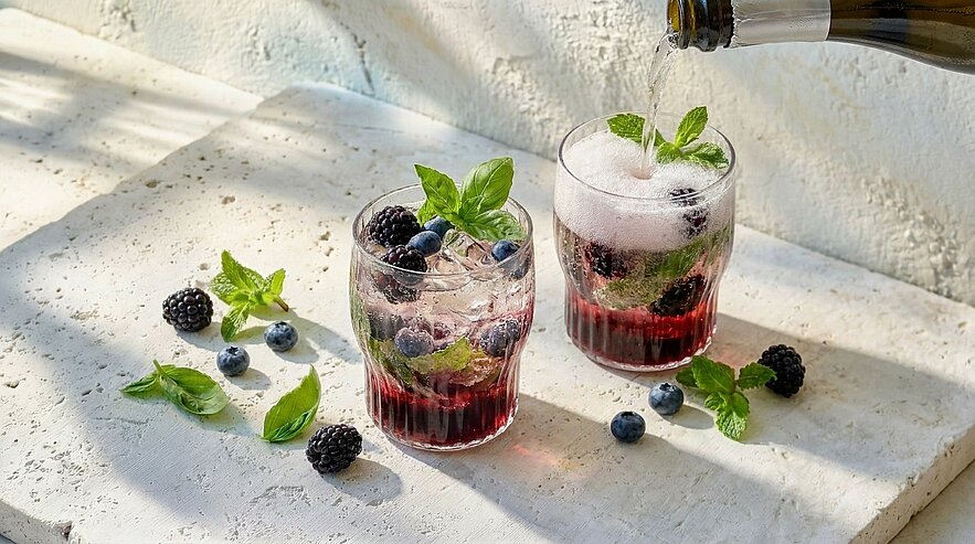 Zwei kurze Gläser mit dunklem Beeren-Cocktail (Brom- und Blaubeeren) und frischen Minzblättern; in ein Glas wird prickelnde Flüssigkeit eingeschenkt, rundherum liegen einzelne Beeren und Minzblätter.