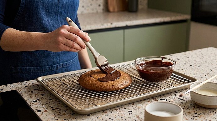 Eine Person in blauer Schürze bestreicht einen runden Kuchen auf einem Backgitter mit Schokoladenglasur; daneben steht eine Schüssel mit geschmolzener Schokolade auf der Arbeitsfläche.