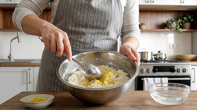 Person in Schürze rührt mit Löffel in einer großen Metallschüssel eine Quark- oder Ricottamasse, darin sichtbar geriebene Zitronenschale, auf einer Küchenarbeitsfläche.