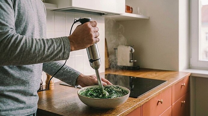 Eine Person püriert mit einem Stabmixer eine dampfende grüne Gemüse‑/Kräutermischung in einer Schüssel auf der Küchentheke.