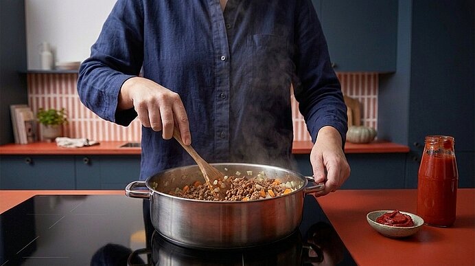 Vorderer Oberkörper einer Person in blauer Bluse, die mit einem Holzlöffel in einem großen Topf auf dem Herd ein dampfendes Ragout aus Hackfleisch und Gemüse umrührt.