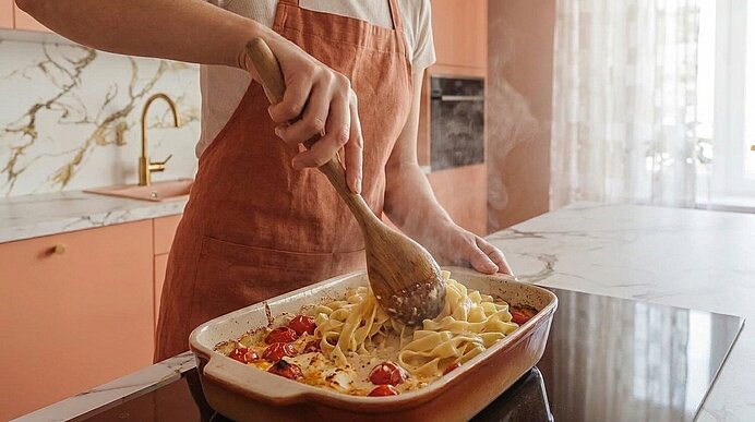 Person in Schürze rührt mit einem Holzlöffel frische Bandnudeln und Kirschtomaten in einer Auflaufform auf der Küchenarbeitsplatte.