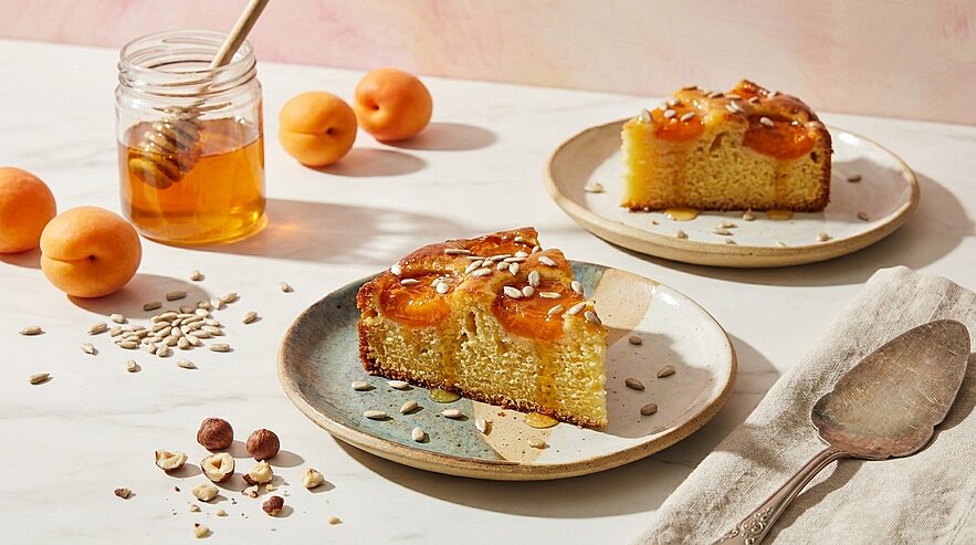 Auf dem Bild sind zwei Stücke Aprikosenkuchen auf Tellern zu sehen, dekoriert mit Sonnenblumenkernen und gehackten Haselnüssen. Daneben steht ein Glas Honig und einige frische Aprikosen liegen verstreut. Der Kuchen hat eine goldene, glänzende Oberfläche.