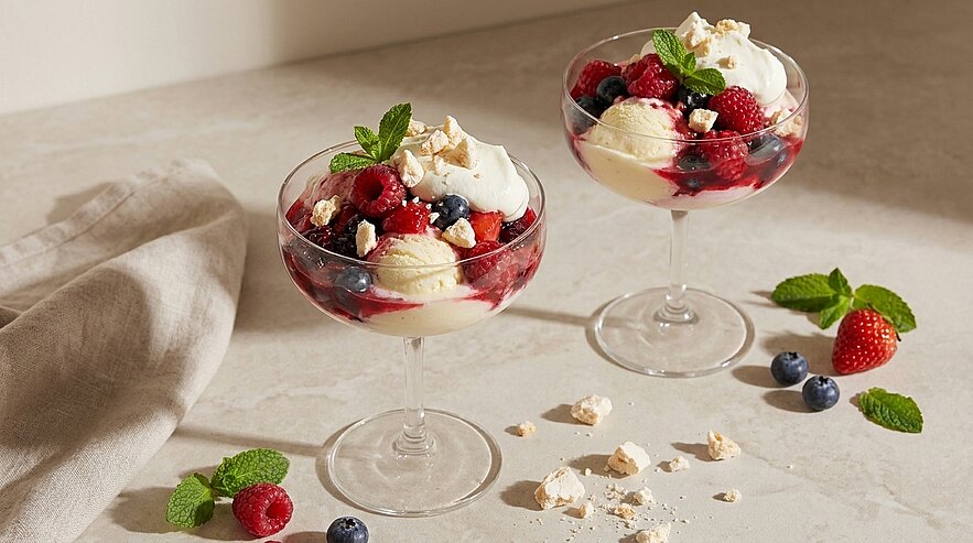 Zwei Glascoupe mit Vanilleeis, frischen Beeren (Erdbeeren, Himbeeren, Blaubeeren), Baiserbröseln, einem Klecks Schlagsahne und Minzblättern auf hellem Untergrund.