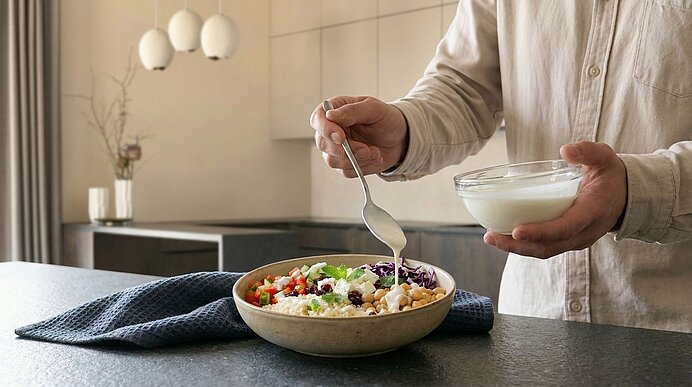 Nahaufnahme: Hände einer Person gießen mit einem Löffel cremiges Dressing aus einer Glasschale über eine bunte Bowl mit Reis, Kichererbsen, Tomaten, Mais, Salat und Rotkohl.