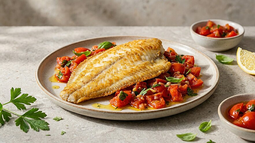 Ein gebratenes Fischfilet liegt auf einem Teller, umgeben von einer frischen Tomatensalsa mit Kräutern. Auf der Seite befinden sich kleine Schalen mit weiteren Tomatenstücken und eine Zitronenscheibe. Der Anrichtungsstil ist ansprechend und appetitlich.