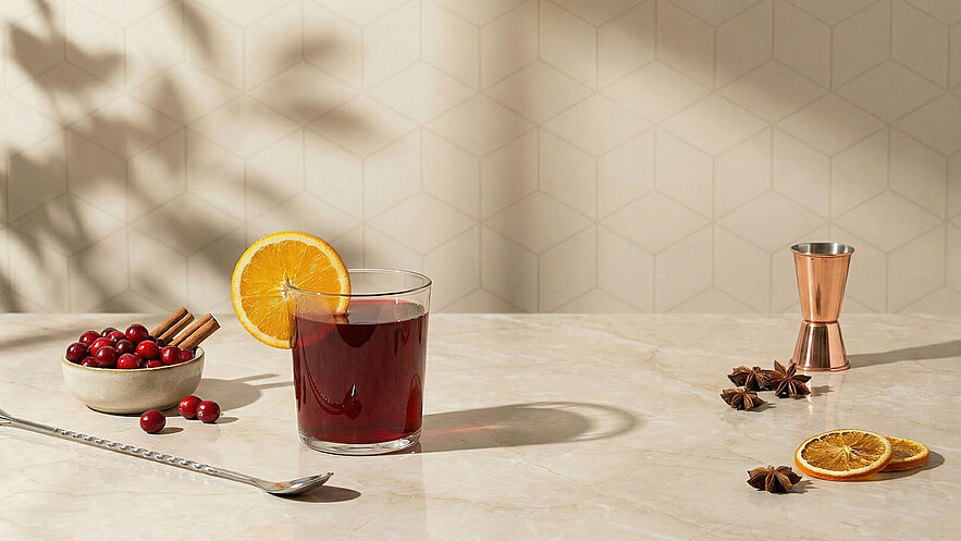 Ein Glas mit rotem Getränk und einer Orangenscheibe steht auf einem Tisch. Daneben befindet sich eine Schüssel mit frischen Cranberries und Zimtstangen. Im Hintergrund sind einige getrocknete Orangenscheiben und Sternanis verteilt. Die Lichtverhältnisse schaffen eine warme Atmosphäre.