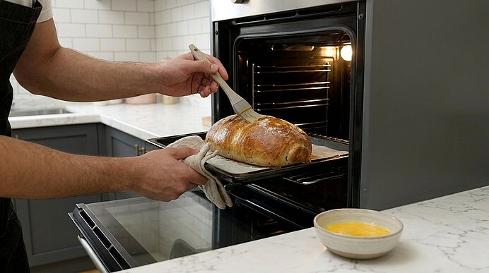 Hände ziehen ein frisch gebackenes, goldbraunes Brot auf einem Backblech aus einem geöffneten Backofen.
