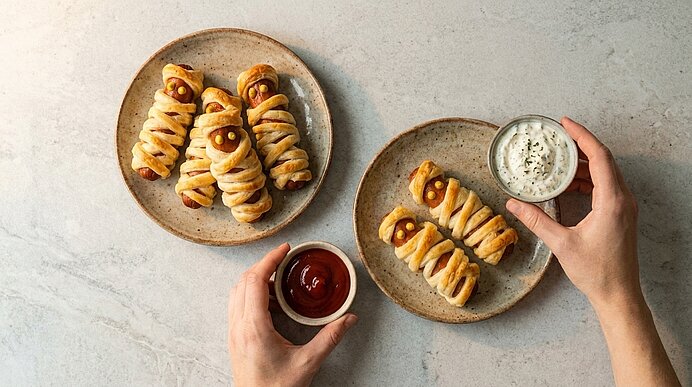 Zwei Hände platzieren Schälchen mit Ketchup und Kräuterquark neben Teller mit fertigen Mumien-Würstchen.
