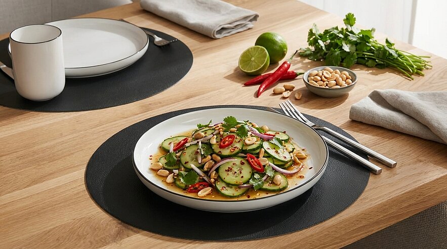 Teller mit Gurkensalat aus dünnen Gurkenscheiben, roten Chilischeiben, Erdnüssen und Koriander, serviert auf einem Holztisch mit Besteck und Limette.