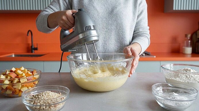 Person rührt mit elektrischem Handmixer Teig in einer Glasschüssel; daneben Schalen mit gewürfelten Äpfeln, Haferflocken und Mehl.