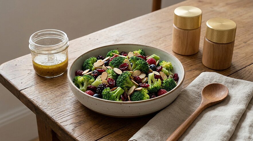 Schüssel mit Brokkoli-Beeren-Salat aus Brokkoliröschen, Himbeeren und Mandelblättchen, dazu Dressing im Glas und ein Holzlöffel.