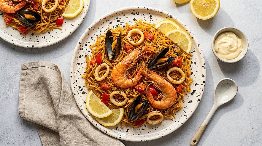 Zwei Teller Pasta mit Meeresfrüchten sind auf einem Tisch angerichtet. Die Pasta ist mit Garnelen, Muscheln und Kreisen aus calamari belegt. Mehrere Zitronenscheiben sind dekorativ angeordnet. Daneben liegt eine kleine Schüssel mit Mayonnaise.