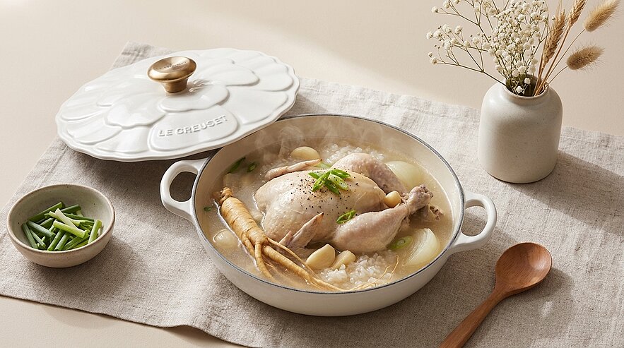 Topf mit einem ganzen Huhn in heller Brühe, Ginsengwurzel, Knoblauchzehen, Reisfüllung und frischen Kräutern.