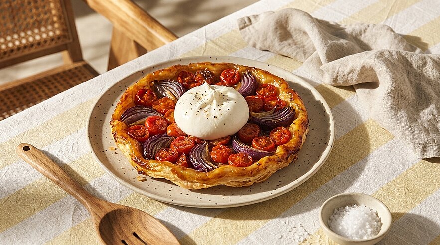 Blätterteig‑Tarte belegt mit Kirschtomaten und roten Zwiebelringen, in der Mitte eine Burrata‑Kugel, mit grobem Pfeffer bestreut, serviert auf einem Teller.