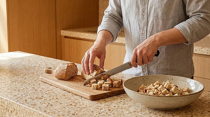 Hände einer Person schneiden auf einem Holzbrett Brot in kleine Würfel; daneben steht eine Schüssel mit den geschnittenen Brotwürfeln.