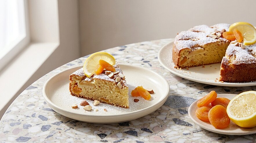 Ein Stück Zitronenkuchen ist auf einem Teller angerichtet, garniert mit Zitronenscheiben und getrockneten Aprikosen. Im Hintergrund steht ein weiterer, ungeschnittener Kuchen auf einem anderen Teller. Der Tisch hat eine verrauchte, dekorative Oberfläche.