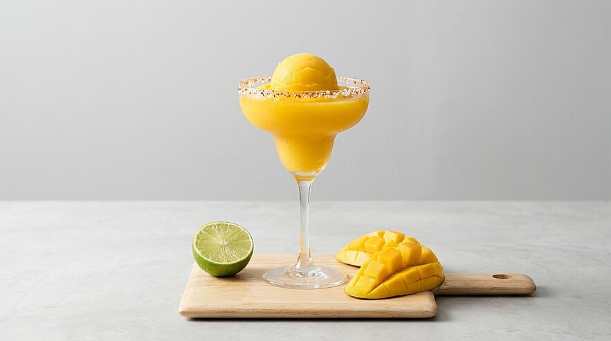 Gefrorener Mango-Cocktail in einem Margarita-Glas mit gezuckertem Rand, auf einem Holzbrett neben halbierter Limette und aufgeschnittener, gewürfelter Mango.
