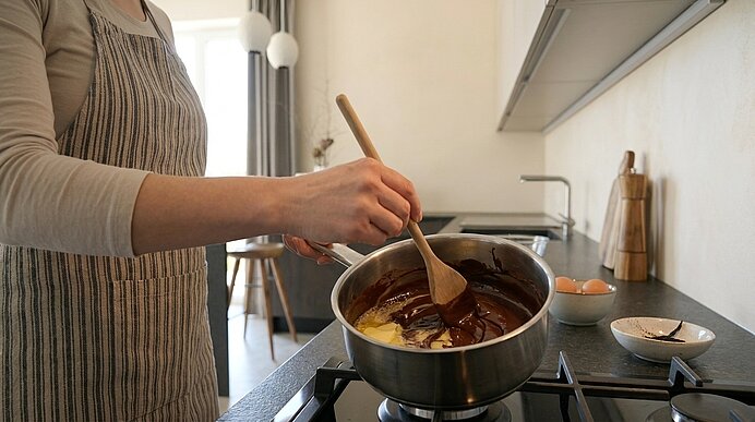 Eine Person in Schürze rührt mit einem Holzlöffel geschmolzene Schokolade und Butter in einem Topf auf dem Herd.