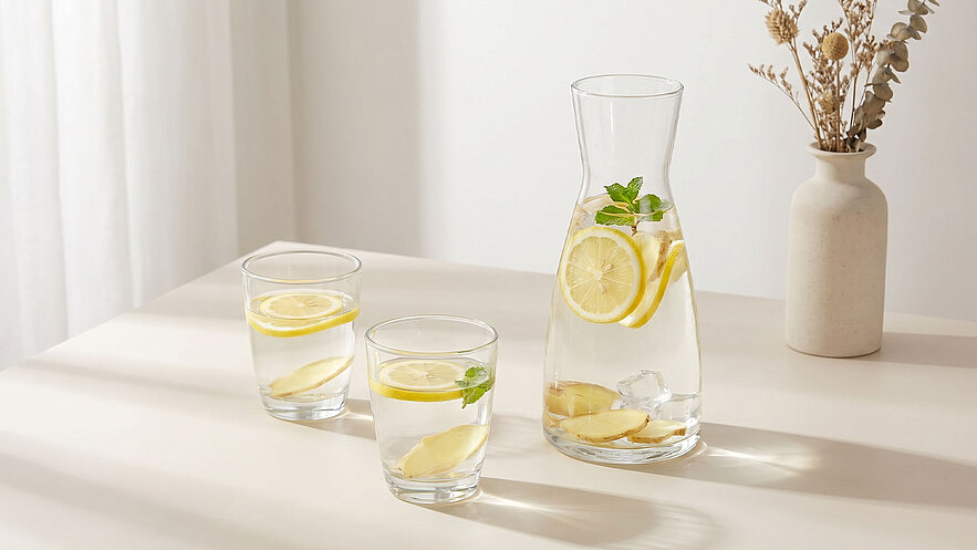 Ein transparenter Krug mit Wasser und Zitronenscheiben steht auf einem Tisch, daneben zwei Gläser mit demselben Getränk. Die Gläser sind mit frischen Zitronenscheiben und Minzblättern dekoriert. Im Hintergrund steht eine Vase mit Trockenblumen.