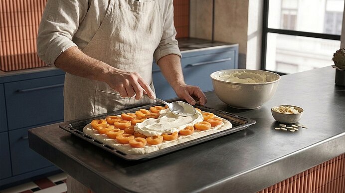 Hände einer Person in Schürze verstreichen Vanillecreme auf Teig, belegt mit halben Aprikosen auf einem Backblech.