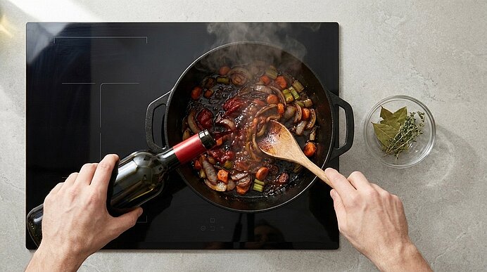 Zwei Hände rühren in einem Schmortopf auf dem Herd, während Rotwein in ein köchelndes Gemüse‑Fleisch‑Gulasch gegossen wird; daneben Schüssel mit Lorbeer und Kräutern.