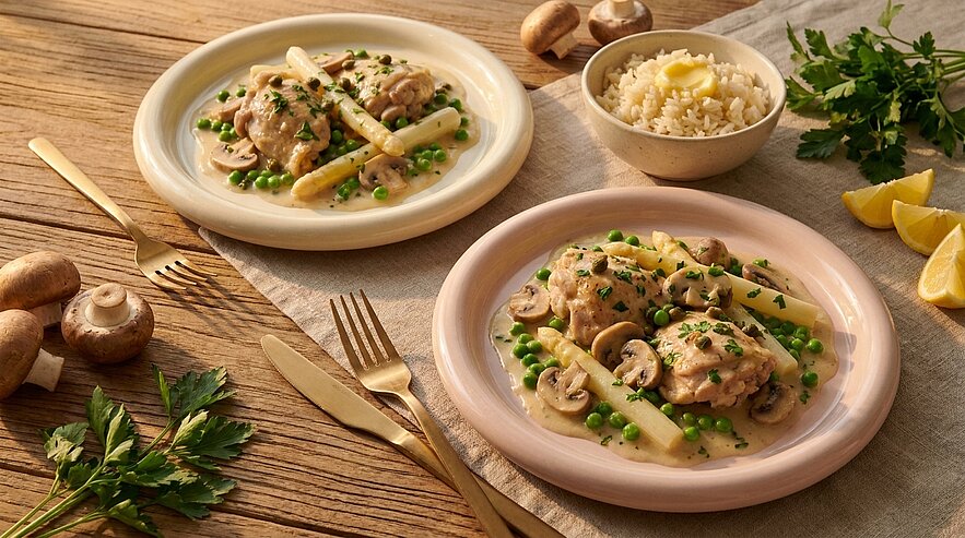 Zwei Teller mit cremigem Hähnchen, Champignons, Erbsen und weißen Spargelstangen, daneben eine Schale Reis mit Butter, Zitronenspalten und Petersilie.