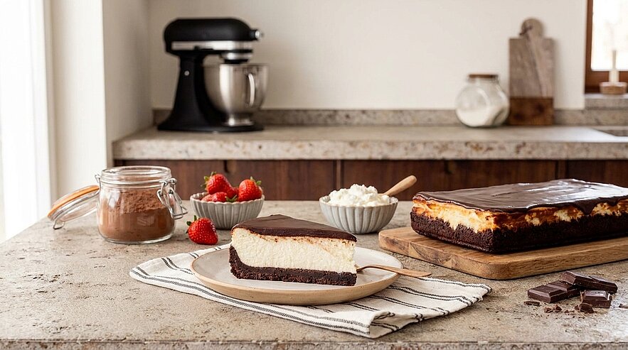 Schokoladen‑Käsekuchen mit glänzender Schokoladenglasur auf einem Holzbrett, ein Stück auf einem Teller davor, daneben Erdbeeren, Schokostücke und eine kleine Schale Frischkäsecreme.