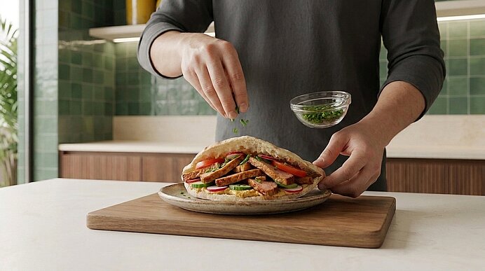 Hände einer Person bestreuen ein gefülltes Fladenbrot mit Kräutern; das Sandwich enthält gegrilltes Fleisch, Tomaten und Gurkenscheiben und liegt auf einem Teller auf einem Holzbrett in einer Küche.