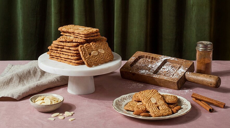 Gestapelte, geprägte Gewürzkekse (Speculoos) auf einer weißen Tortenplatte und auf einem Teller, daneben ein hölzernes Keksmodel mit Mustern, eine Schale Mandelblättchen und Zimtstangen.