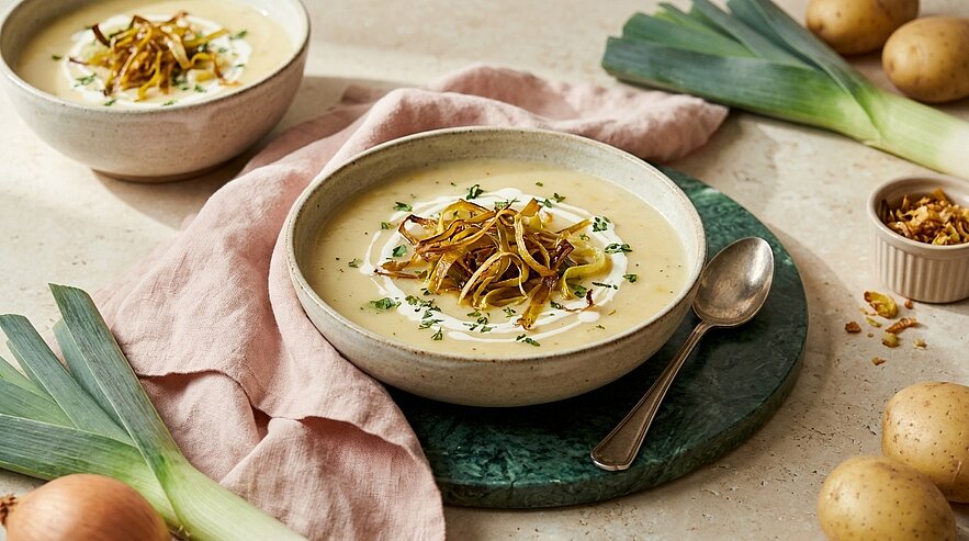 Zwei Schalen cremige Lauch‑Kartoffel‑Suppe, jeweils mit Sahne, knusprig gebratenen Lauchstreifen und frisch gehackten Kräutern garniert; Löffel und frische Kartoffeln sowie Lauch liegen daneben.