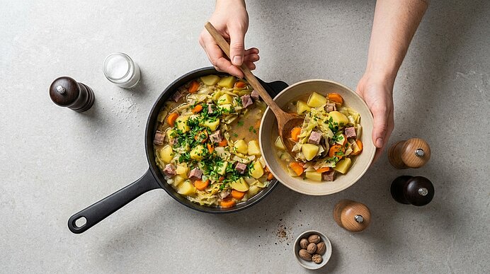 Draufsicht: Hände schöpfen eine herzhafte Gemüsesuppe mit Kartoffeln, Karotten, Sellerie und Schinken aus einer Pfanne in eine Schüssel; die Suppe ist mit gehackter Petersilie bestreut, daneben stehen Pfeffer- und Salzstreuer.