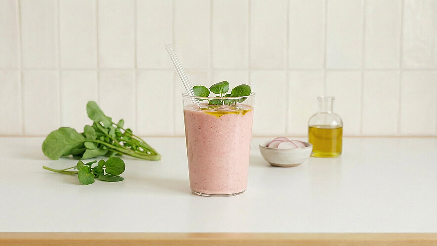 Ein Glas mit einem rosa Smoothie, garniert mit frischen Kräutern, steht auf einem weißen Tisch. Im Hintergrund sind ein grüner Salat und ein Behälter mit Öl zu sehen. Die Szene vermittelt ein Gefühl von Frische und Gesundheit.