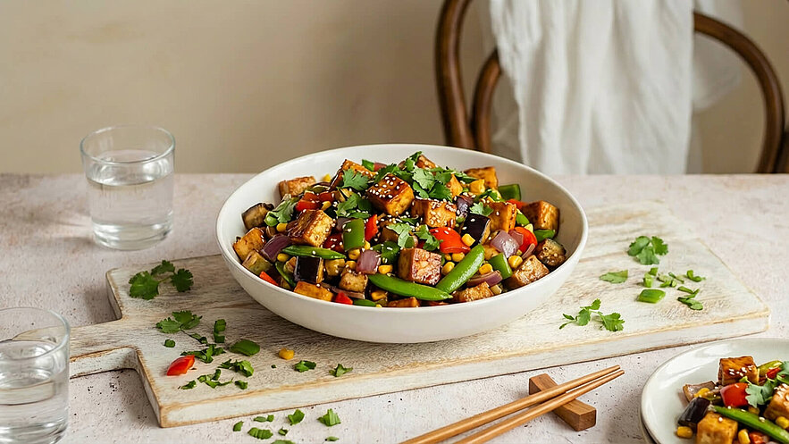 Eine große weiße Schüssel mit buntem Gemüse und Tofu. Die Zutaten umfassen grüne Bohnen, Paprika, Zwiebeln und Mais, garniert mit Koriander und Sesam. Im Hintergrund stehen Glaswasser und Essstäbchen auf einem Holzbrett.