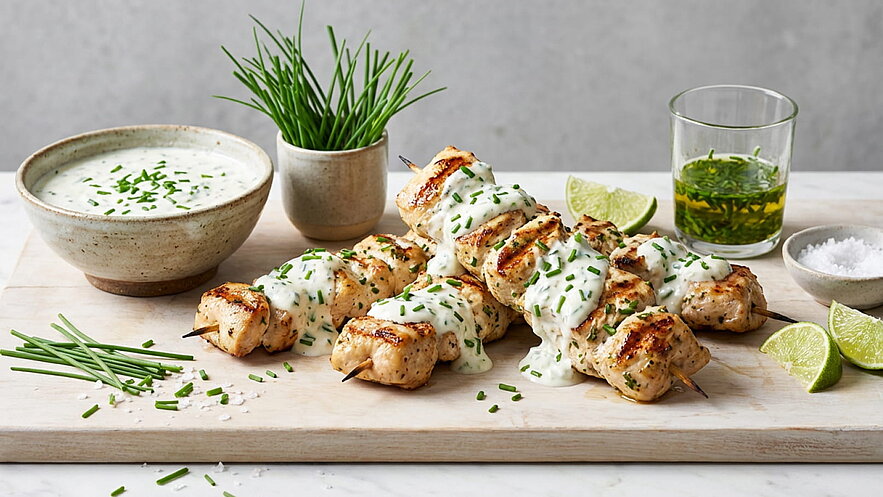 Auf einem Holzbrett liegen gegrillte Hähnchenspieße mit einer cremigen Sauce. Neben dem Gericht stehen Schalen mit einer grünen Sauce, gehacktem Schnittlauch und Limettenscheiben. Im Hintergrund ein kleiner Topf mit frischem Schnittlauch.