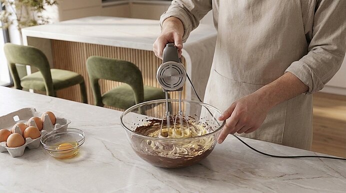 Hände einer Person in Schürze, die mit elektrischem Handmixer Schokoladenteig in einer Glasschüssel rührt; Eier und Eigelb daneben.
