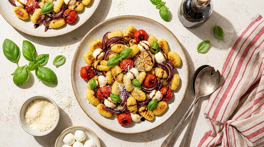 Großer Teller mit gebratenen Gnocchi, gerösteten Kirschtomaten, Mozzarellabällchen, roten Zwiebeln, frischem Basilikum und geriebenem Parmesan.