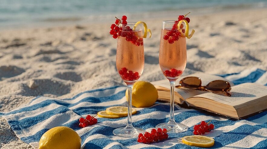Zwei rosafarbene Cocktailgläser mit roten Johannisbeeren und Zitronenzeste auf einem blau-weißen Strandtuch, umgeben von Zitronen am Sandstrand.