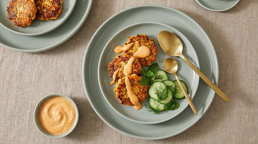 Teller mit drei gebratenen Gemüsepuffern, beträufelt mit orangener Sauce, dazu frische Gurkenscheiben und Kräuter; seitlich kleine Schale mit zusätzlicher Sauce.