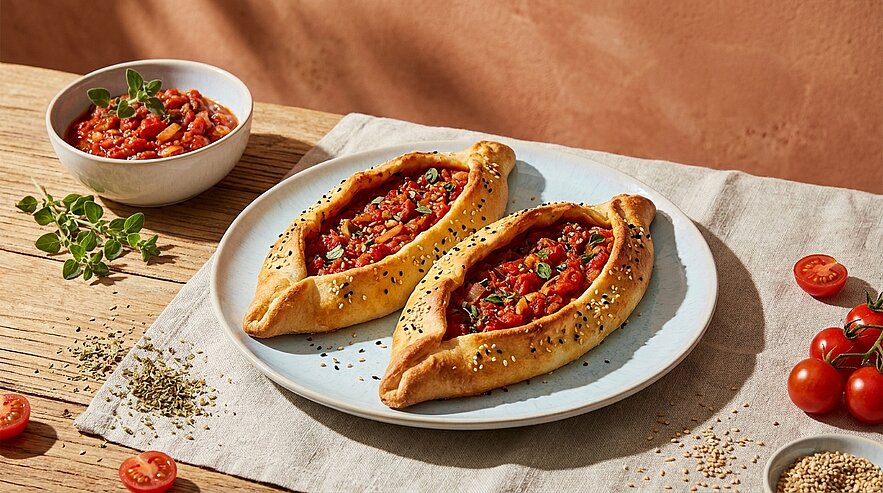 Zwei gebackene Teigschalen gefüllt mit einer würzigen Tomatenmischung, garniert mit frischen Kräutern, liegen auf einem weißen Teller. Nebenan befindet sich eine Schüssel mit einer ähnlichen Tomatensauce. Rote Kirschtomaten und Gewürze sind um den Teller verteilt.