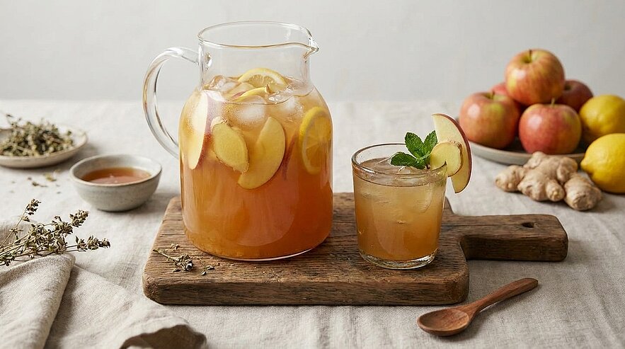 Ein Krug mit einem fruchtigen Getränk, gefüllt mit Eis und Apfelscheiben, steht auf einem Holzteller. Neben dem Krug befindet sich ein Glas mit dem gleichen Getränk, garniert mit einem Minzblatt. Im Hintergrund sind Äpfel und einige Gewürze zu sehen.