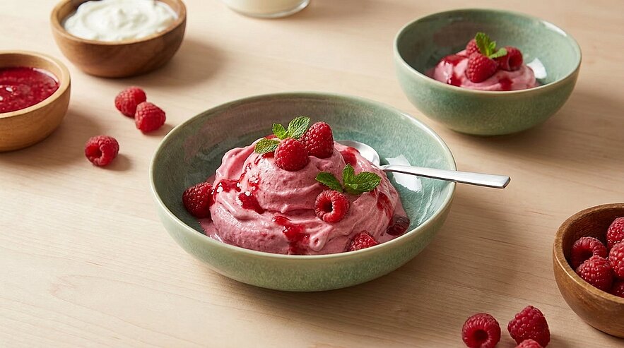 Zwei grüne Schalen mit rosa Himbeermousse, die vordere mit Löffel, garniert mit frischen Himbeeren, Minzblättern und Himbeersauce; einzelne Himbeeren liegen daneben.
