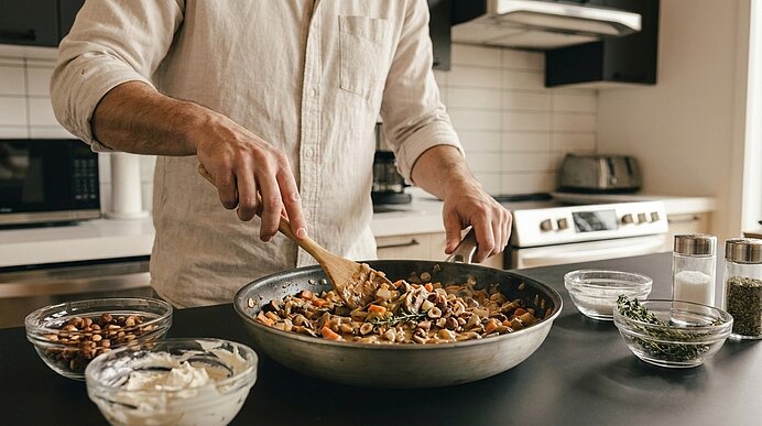 Hände einer Person rühren in einer großen Pfanne auf der Küchenarbeitsplatte eine bunte Gemüse‑Nudelpfanne; mehrere Schalen mit Kräutern, Nüssen und Sauce stehen daneben.