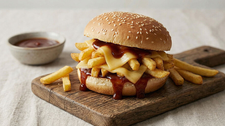 Ein saftiger Burger mit einem Sesambrötchen, belegt mit geschmolzenem Käse und einer Portion Pommes frites, die ebenfalls im Burger liegen. Darüber ist eine würzige BBQ-Sauce verteilt. Neben dem Burger befindet sich eine kleine Schüssel mit zusätzlicher Sauce.