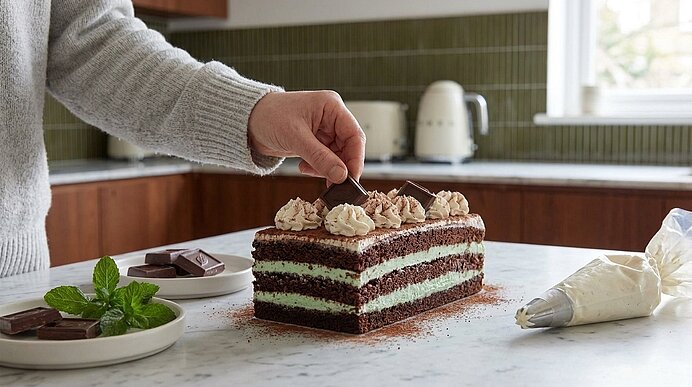 Rechteckige Schokoladen‑Minz‑Torte mit abwechselnden dunklen Biskuit‑ und hellgrünen Minzschichten, oben mit Sahnetupfen und Schokoladenstücken dekoriert; eine Hand setzt gerade ein Schokoladenstück. Spritzbeutel und Schokoladenstücke auf der Arbeitsfläche.